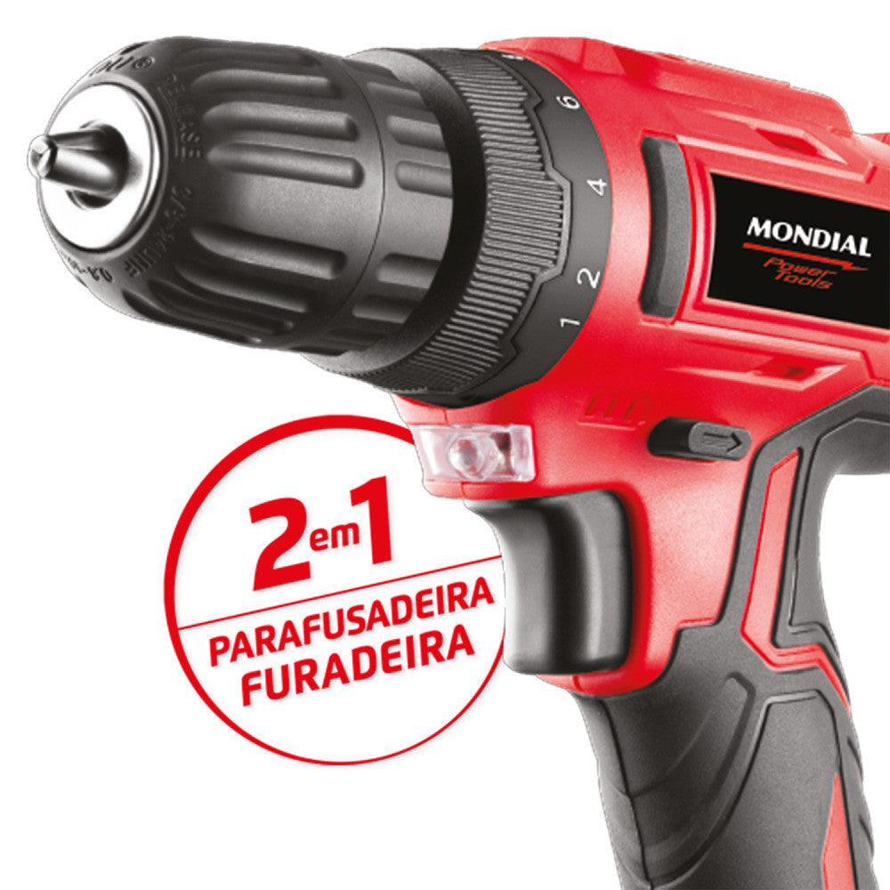 Furadeira Parafusadeira 3/8" a bateria 12 volts c/ maleta e acessórios - Mondial (110V/220V) - Vamos às Compras